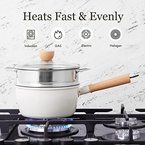 ROCKURWOK Ceramic Nonstick Sauce Pan, 3 QT Pot with Steamer, Non Toxic & PFAS-Free, Wooden Handle for Cool Touch, Universal Base(Gas, Electric & Induction), White