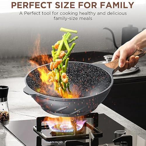 ITSMILLERS Nonstick Wok and Stir Fry Pan 12.5 inch with Spatula, Die-cast Aluminum Scratch Resistant Healthy Wok with Free-standing Lid