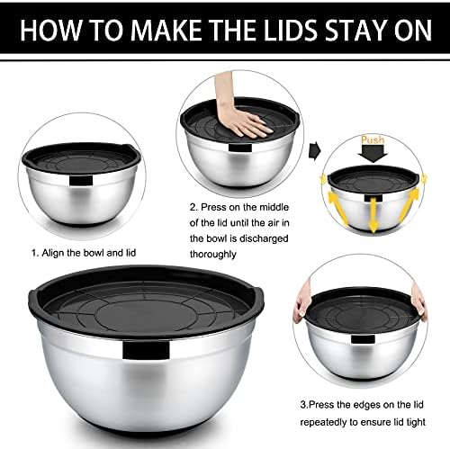 P&P CHEF Stainless Steel Mixing Bowls With Lids, Set of 6, Black
