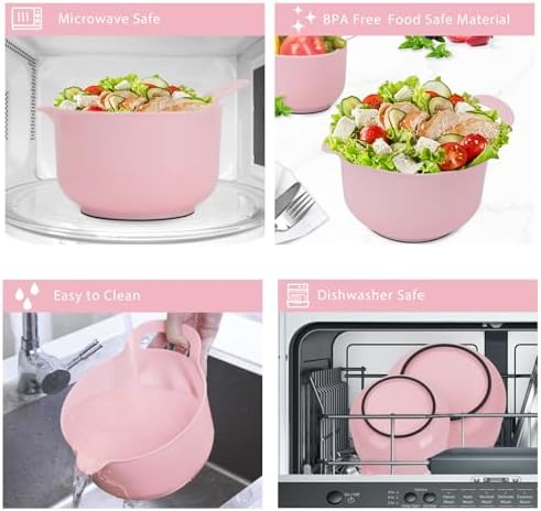 BoxedHome 4 Pack Nesting Mixing Bowl with Pour Spout and Handle, BPA free Microwave & Dishwasher Safe(Pink, 4 Pack with Handle)