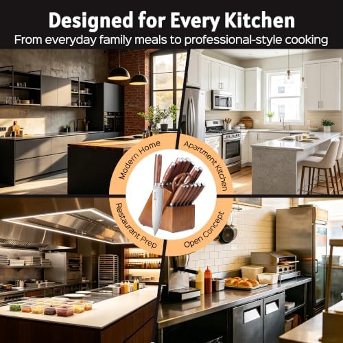PAUDIN 16-Piece Kitchen Knife Set with Block, Built-in Sharpener, Ultra Sharp 5Cr15Mov Stainless Steel Chef Knives, Natural Wood Handles, Steak Knives, Scissors & Honing Rod, Complete Cutlery Set