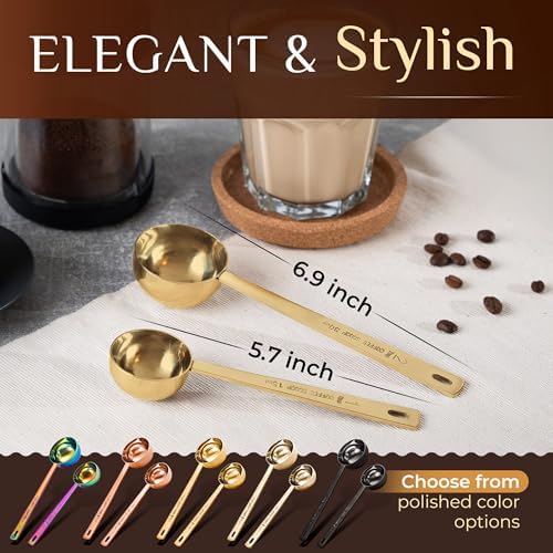 Orblue Premium Coffee Scoop Set - 1 Tbsp (15ml) & 2 Tbsp (30ml) Measuring Tablespoon - Stainless Steel Coffee Measuring Spoon and Scooper with Long Handles - Pack of 2 - Gold
