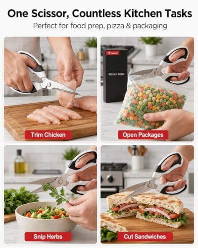 Kitchen Shears for Everyday Food Prep, Serrated Stainless Steel Kitchen Scissors with Comfort Grip Handles and Protective Sheath, Dishwasher Safe Food Scissors for Herbs, Bacon, Pizza, Food Package