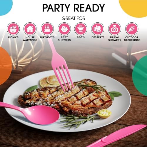 Party Solids Hot Pink Plastic Silverware 150 Pcs Hot Pink Cutlery Set