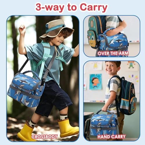 FlowFly Kids Double Decker Cooler Insulated Lunch Bag Large Tote for Boys, Girls, Men, Women, With Adjustable Strap, Shark