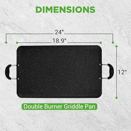 Nutrichef Double Burner Griddle, Non-Stick Stove Top Griddle for Gas Stove, Dishwasher Safe, Heatproof Bakelite Handles, Even Heat Distribution, PFOA & PFOS Free, 20” x 12” x 0.8” Inch (Black)