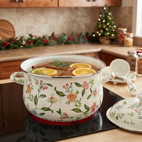 Jucoan 5 Quart Enamel Stockpot with Lid, Green Floral Enamelware Cooking Pot with Dual Handles for Stovetop, Large Soup Pot Potpourri Simmer Pot Gift for Housewarming Bridal Shower Mother's Day