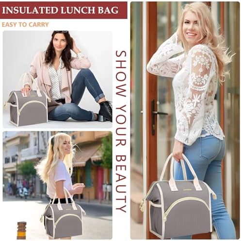 LOKASS Lunch Bag Women Insulated Lunch Box Wide-Open Lunch Tote Bag Large Cooler Bag for Work Picnic Hiking Beach(Dark Gray)