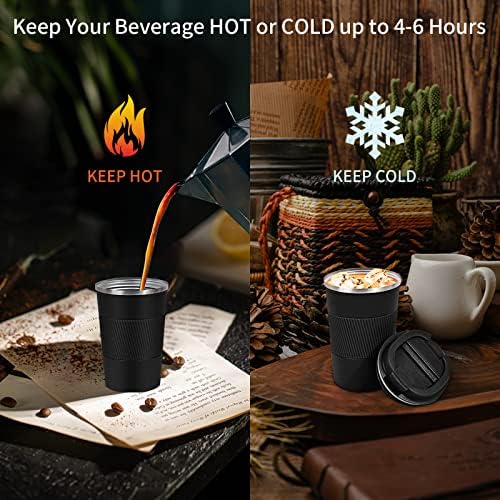 YINBAOGE Insulated Travel Coffee Mug, Spill & Leak Proof, Portable To Go Camping Stainless Steel Coffee Tumbler, Reusable Thermal Coffee Cup with Lid for Hot & Cold Drinks (Black, 12 OZ) (Pack of 4)