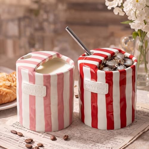 2 Pack Ceramic Coffee Mug with Sip Hole, Simple, Red, Pink