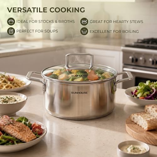 SUNHOUSE 3.4 QT Fully Clad Tri-ply Stainless Steel Stock Pot with Glass Lid