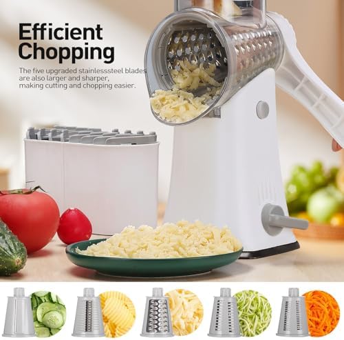 APSARAS USA Cheese Grater Hand Crank, Rotary Cheese Grater, 5 in 1 Rotary Grater, Cheese Shredder Replaceable Stainless Blades with Strong Suction Base, Easy to Clean Kitchen Gadgets with Storage Box
