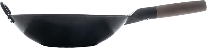 Craft Wok Black13 Flat Pre-Seasoned Hammered Carbon Steel Wok with Wooden and Steel Helper Handle (13 Inch, Flat Bottom)