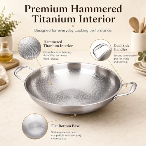 12.6 Inch Titanium Hammered Wok with Double Handles, Frying Pans Nonstick, Non-Stick Wok, Scratch-Resistant Non Stick Titanium Pans for Cooking,No lid 12.6in