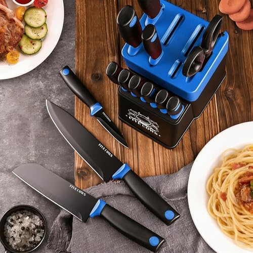 14 Pcs Kitchen Knife Block Set with Sharpener German High Carbon Stainless Steel Chef Knives, Razor-Sharp & Durable, Lightweight Anti-Slip Handle, Professional Set for Home & Kitchen (Blue)