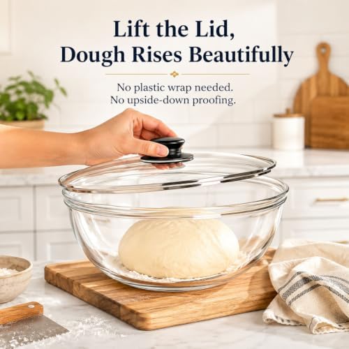 6 QT Large Glass Mixing Bowl with Lid for Sourdough Bread Making & Proofing