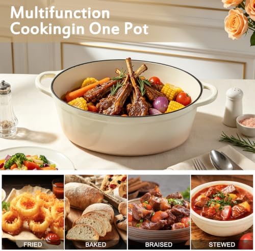 Enameled Dutch Oven Pot with Lid, 7 QT Cast Iron Dutch Oven with Dual Handles, Oval Dutch Oven for Cooking, Bread Baking, Frying, Non-stick Enamel Coated Oven (Caramel White)