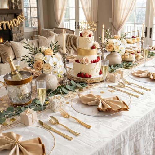 WDF 6-Pack Clear and Gold Plastic Serving Trays - 10x12 Inch Heavy Duty Oval Disposable Serving Platters for Cookie/Appetizer/Snack Party Food Display - Clear Gold Serving Trays for Party/Wedding/BBQ