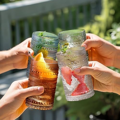 Colored Hobnail Drinking Glasses Set of 6, 12oz Vintage Kitchen Glassware, Embossed Beaded Glass Cups, Water Glasses, Colorful Water Tumbler for Cocktail, Juice, Various Mixed Drink (Dishwasher Safe)