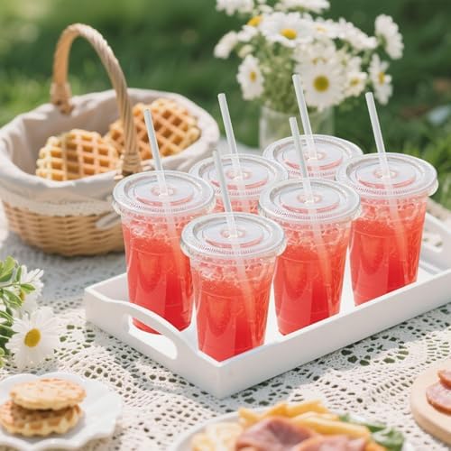 100 Pack 24 oz Leak-Proof Clear Plastic Cups with Lids and Straws