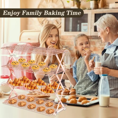 Pleafind 4 Tier Rose Gold Collapsible Cooling Rack - 3 Setting Design, Adjustable & Stackable Baking Rack, 5 Modes Cooling Racks for Cooking and Baking, Roasting & Grilling Gifts for Picnic Party