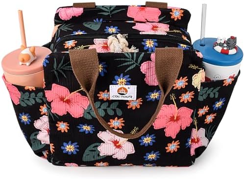 Lunch Box for Women, Large Capacity Lunch Bag Women with Bottle Holder & Side Pockets,Cute lunch box Insulated Lunch tote bag for Work Office Travel Picnic (Flower)