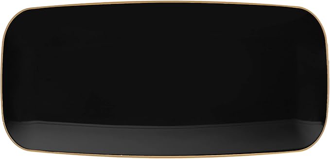 Plasticpro Plastic Serving Trays - Serving Platters Disposable Party Dish White, (2, Round Black Tray with Gold Rim)