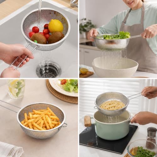 Stainless Steel Colander, Strainer with Handle Fine Mesh Strainer Large Metal Colander for Kitchen, Pasta, Spaghetti, Vegetables & Fruits, Diameter 8.86 Inch Silver