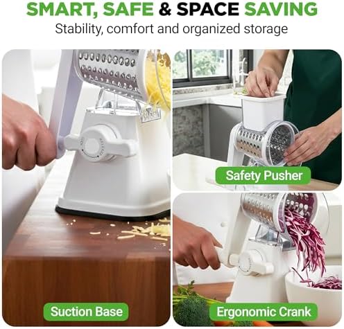 NutriChef 3 in 1 Cheese Grater & Shredder | Strong Suction Base, Rotary Handle with Safety Lock | Includes Hand Crank & 3 Drum Blades for 3 Textures, Fine, Medium & Strips | White