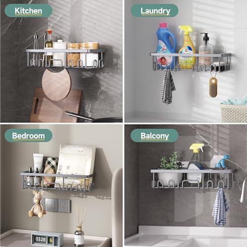 Veken Shower Caddy 6-Pack, No Drilling & Rustproof, Waterproof Adhesive Shelves Rack with Soap Holder, Large Capacity Bathroom Organizers and Storage, Wall-Mounted Kitchen & Home Decor, Bright Silver
