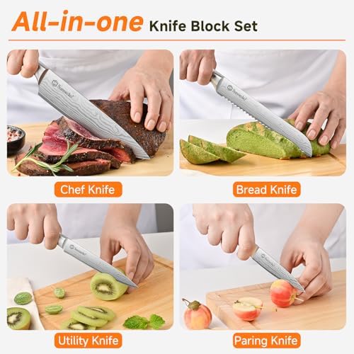 Knife Set with Block and Sharpener, 15 Piece Kitchen Knife Block Set
