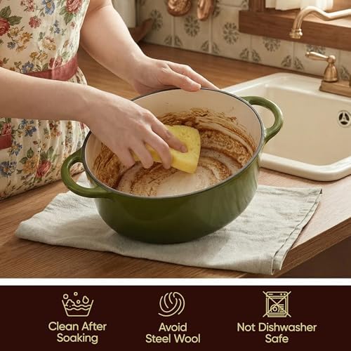 Vintage Style Oval Dutch Oven for Bread Baking, 4.5 Quart Non Stick Enameled Cast Iron Dutch Oven Pot with Lid, Oven Safe Oval Casserole with Lid up to 500°F for Baking, Braising, Stews, Roasting, Golden Green