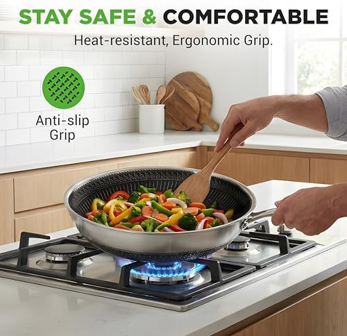 NutriChef 12" Stainless Steel Durable Wok - Triply Kitchenware Wok with Glass Lid, Side Handle - DAKIN Etching Non-Stick Coating, Scratch-resistant Raised-up Honeycomb Fire Textured Pattern