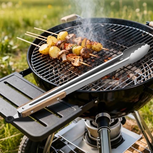 17-Inch Grill Tongs,Long Wood-Handled BBQ Tongs,Heavy Duty Stainless Steel