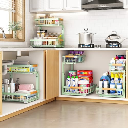 PXRACK Under Sink Organizer, Adjustable Height, 2 Tier Pull Out Under Cabinet Organizer, Slide Out Thickened Metal Under Sink Storage for Kitchen Bathroom Laundry Pantry Cabinet, Green, Large-1-Pack