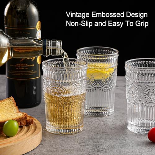 ZMOWIPDL Drinking Glasses Set of 6,13oz Flower Design Clear Glass Cups