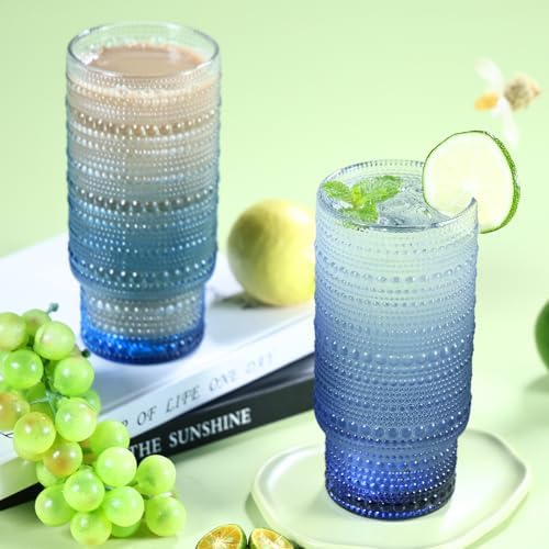 Large Capacity 16 oz Hobnail Drinking Glasses Set of 6, Vintage Glassware Drinking Glasses, Gradual Gray-blue Water Glasses Tumbler, Cups for Kitchen, Juice, Beer, Cocktail, Whiskey