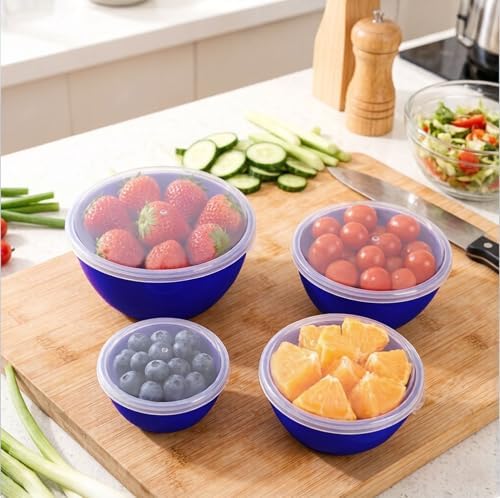 4-Piece Classic Plastic Prep Bowls with Lids, Nesting Plastic Small Mixing Bowl Set for Mixing, Baking, Prepping, Cooking and Serving Food, Microwave and Dishwasher Safe (Blue)