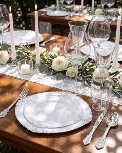 Nervure 350Pcs Silver Plastic Plates, Plastic Dinnerware Set for 50 Guests