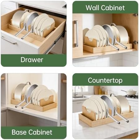 Pan Organizer Compatible with Caraway, Pots and Pans Organizer Under Cabinet, Bamboo Pot Lid Organizers with Adjustable Dividers, U-Shaped Lid Slots, Ideal for Kitchen Countertop and Cabinet Storage
