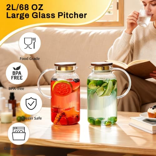 Buaic 2 PACK Glass Pitcher with Lid, 68oz/ 2 Liter Glass Water Pitcher