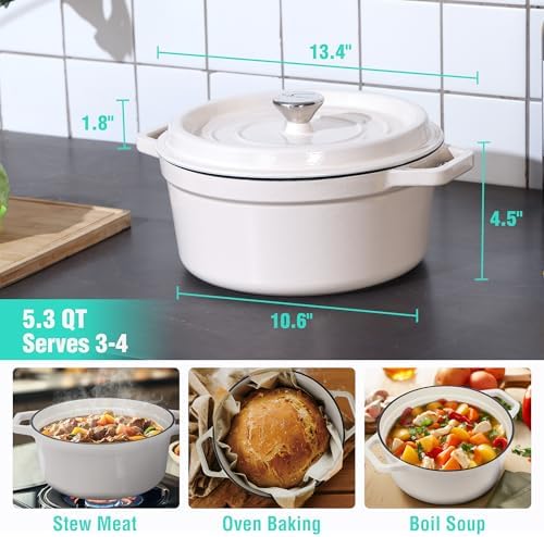 HAUSHOF 5.3QT Cast Iron Dutch Oven, Non-Stick Pot with Lid