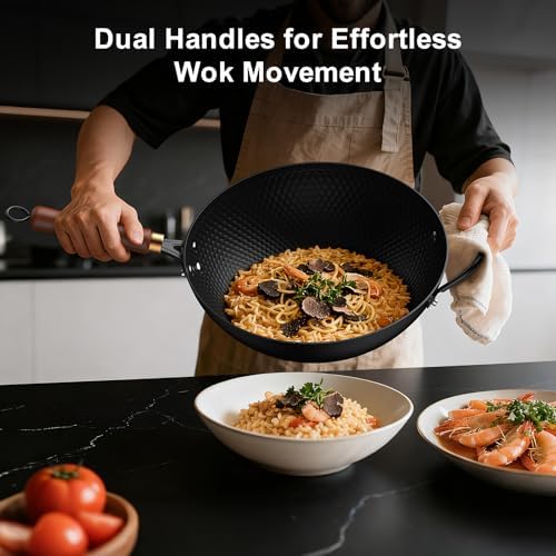 Todlabe Wok with Lid, 13 Inch Carbon Steel Woks & Stir-fry Pans Nonstick