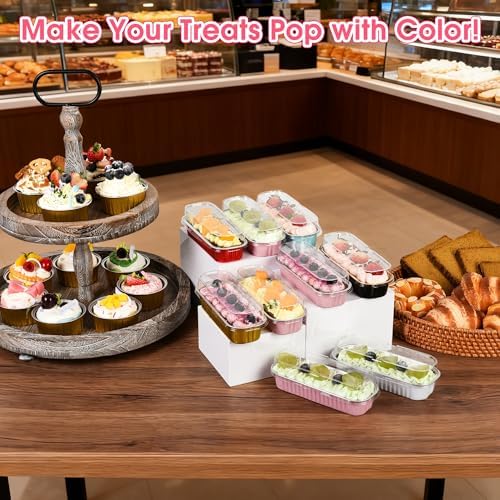 100 Pack Mini Cake Pans with Lids and Spoons, Disposable Aluminum Foil Cake Tins(6.8oz) Individual Small Cake Baking Containers for Party, Wedding, Birthday