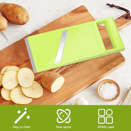Handheld Potato Slicer & French Fry Cutter, Stainless Steel Manual Vegetable Slicer for Chips Homemade Fries Carrots Zucchini Easy Grip Green Slicer Chip Maker (4.25x10.8in)