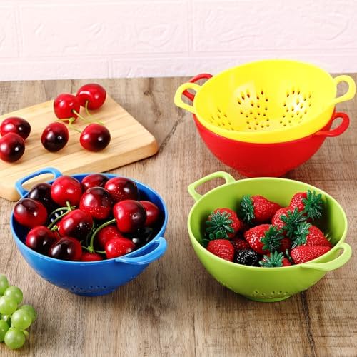 Baderke 4 Pack Mini Colander for Kitchen Plastic Berry Strainer with Double Handles 7.5 x 6 x 3 Inch Small Colander Strainer for Fruits Vegetables Food (Green,Red,Blue,Lemon Yellow)