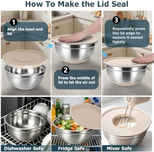 Stainless Steel Mixing Bowl Set with Lids, Non-Slip Silicone Base