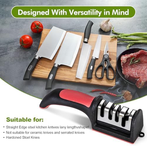 Professional 4-in-1 Knife Sharpener with Tungsten Steel & Ceramic Slots, Manual Sharpener for Chef Knives, Scissors & Straight Edge Blades - Home Kitchen Tool