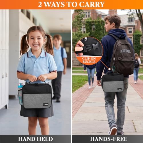 opux Insulated Lunch Bag for Kids, Reusable Lunch Box for School, Gray