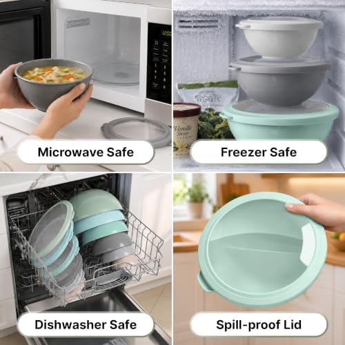 Zulay Kitchen 12 Piece Plastic Nesting Mixing Bowl Set - Colorful Bowls with Lids - Microwave and Freezer Safe (Mint Ombre)